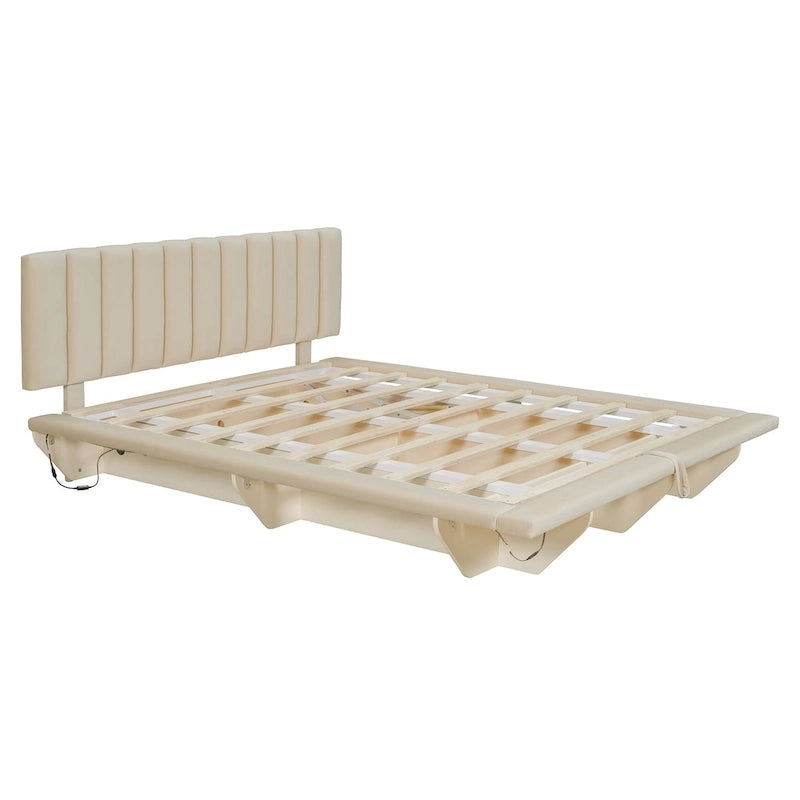 Lit plateforme flottant Queen en velours rose / gris / beige avec éclairage à bande LED, port USB et 4 compartiments de rangement