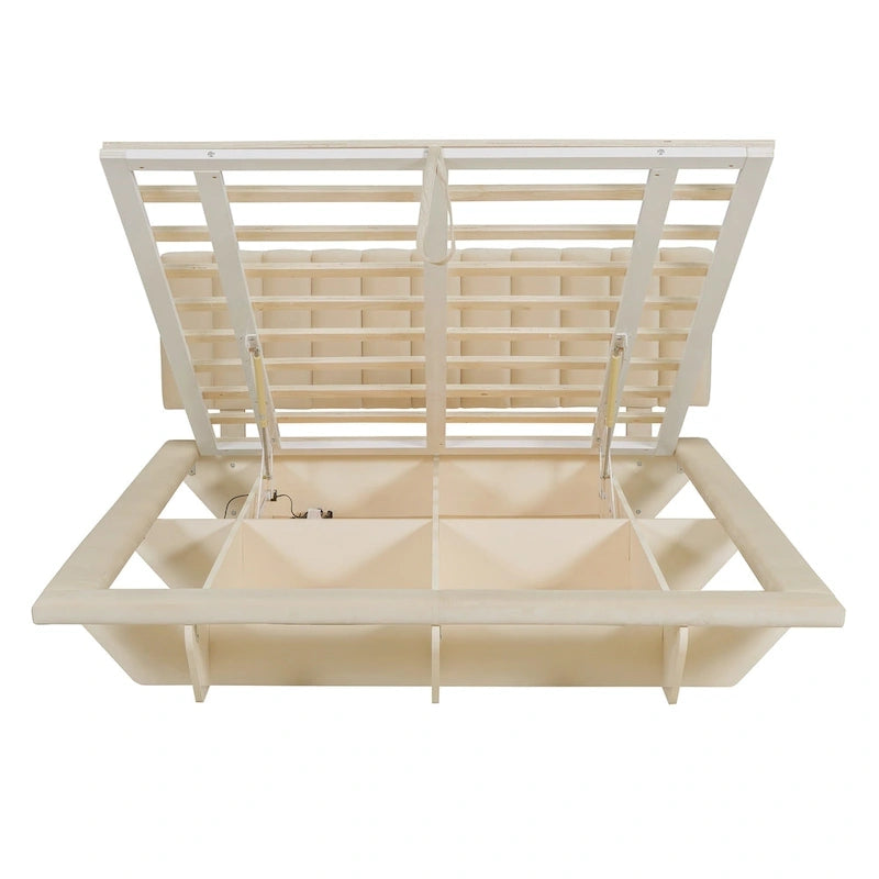 Lit plateforme flottant Queen en velours rose / gris / beige avec éclairage à bande LED, port USB et 4 compartiments de rangement