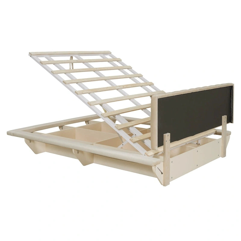 Lit plateforme flottant Queen en velours rose / gris / beige avec éclairage à bande LED, port USB et 4 compartiments de rangement