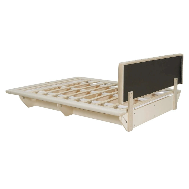 Lit plateforme flottant Queen en velours rose / gris / beige avec éclairage à bande LED, port USB et 4 compartiments de rangement