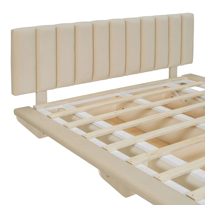 Lit plateforme flottant Queen en velours rose / gris / beige avec éclairage à bande LED, port USB et 4 compartiments de rangement