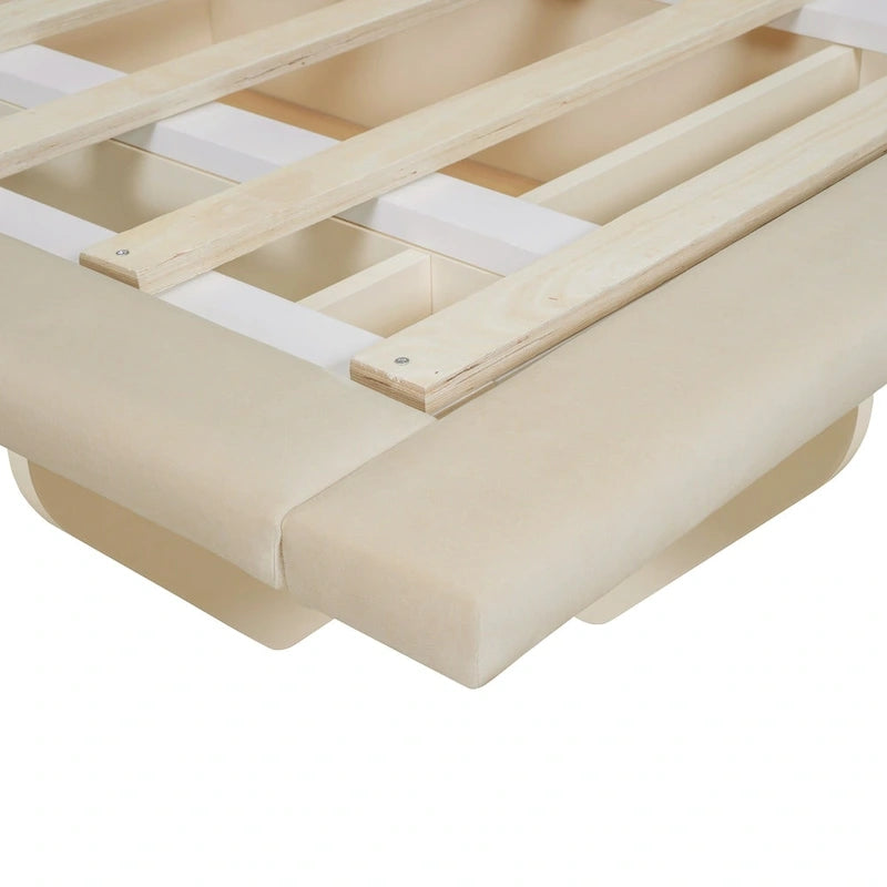 Lit plateforme flottant Queen en velours rose / gris / beige avec éclairage à bande LED, port USB et 4 compartiments de rangement