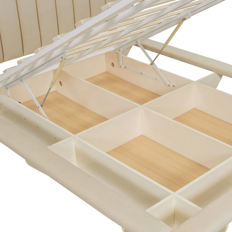 Lit plateforme flottant Queen en velours rose / gris / beige avec éclairage à bande LED, port USB et 4 compartiments de rangement