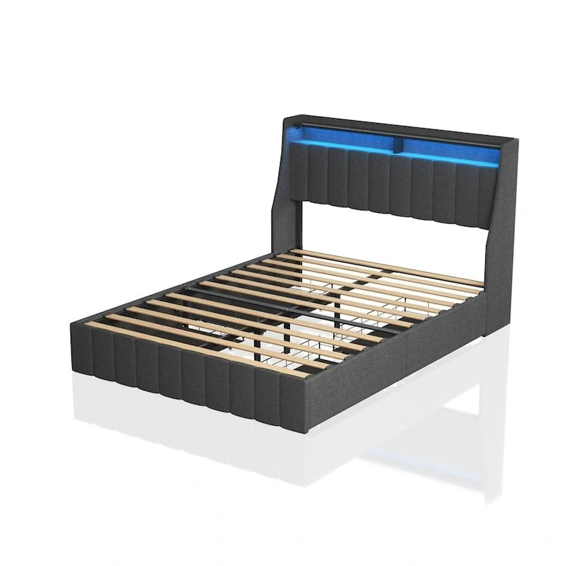 Lit Plateforme en Lin Gris Foncé / Gris Clair avec LED RGB, 4 Tiroirs et Étagères de Tête de Lit – Double / Queen