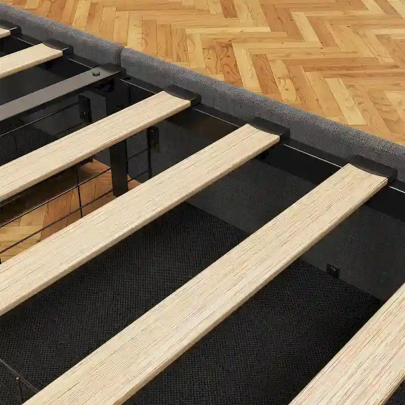 Lit Plateforme en Lin Gris Foncé / Gris Clair avec LED RGB, 4 Tiroirs et Étagères de Tête de Lit – Double / Queen