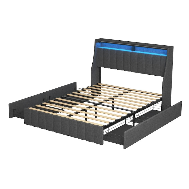 Lit Plateforme en Lin Gris Foncé / Gris Clair avec LED RGB, 4 Tiroirs et Étagères de Tête de Lit – Double / Queen