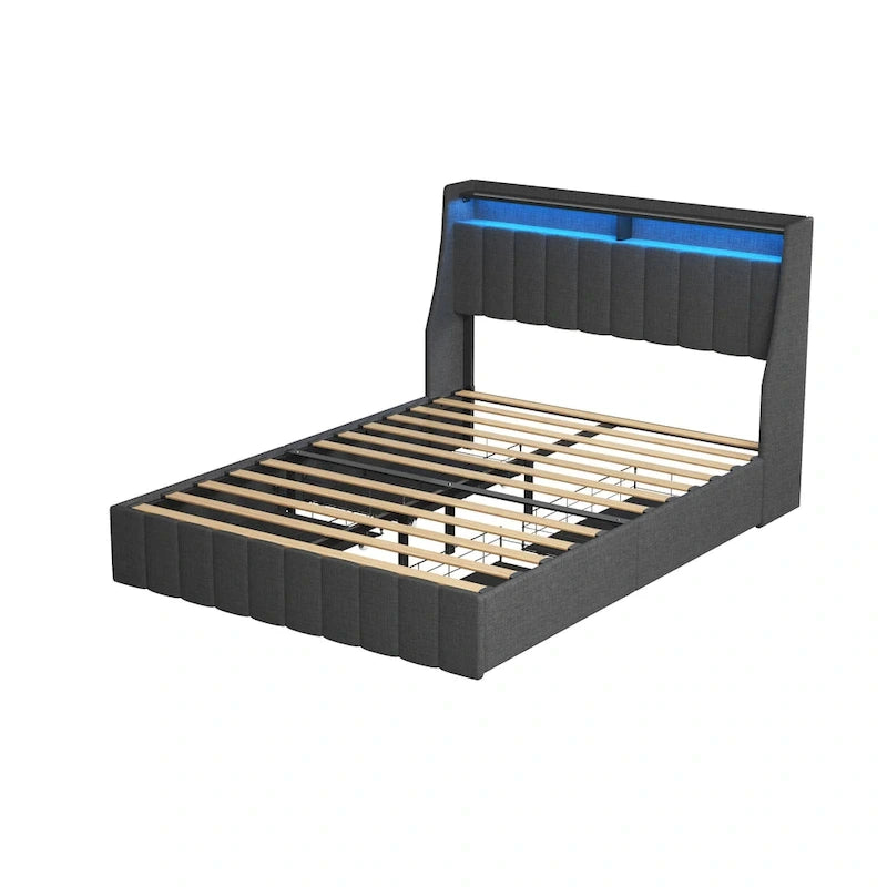 Lit Plateforme en Lin Gris Foncé / Gris Clair avec LED RGB, 4 Tiroirs et Étagères de Tête de Lit – Double / Queen