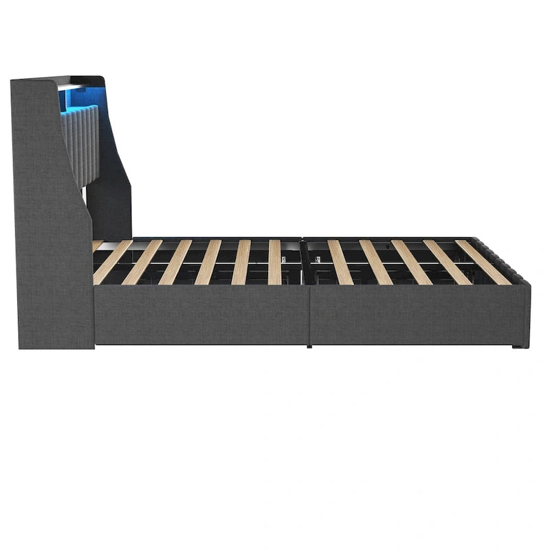 Lit Plateforme en Lin Gris Foncé / Gris Clair avec LED RGB, 4 Tiroirs et Étagères de Tête de Lit – Double / Queen