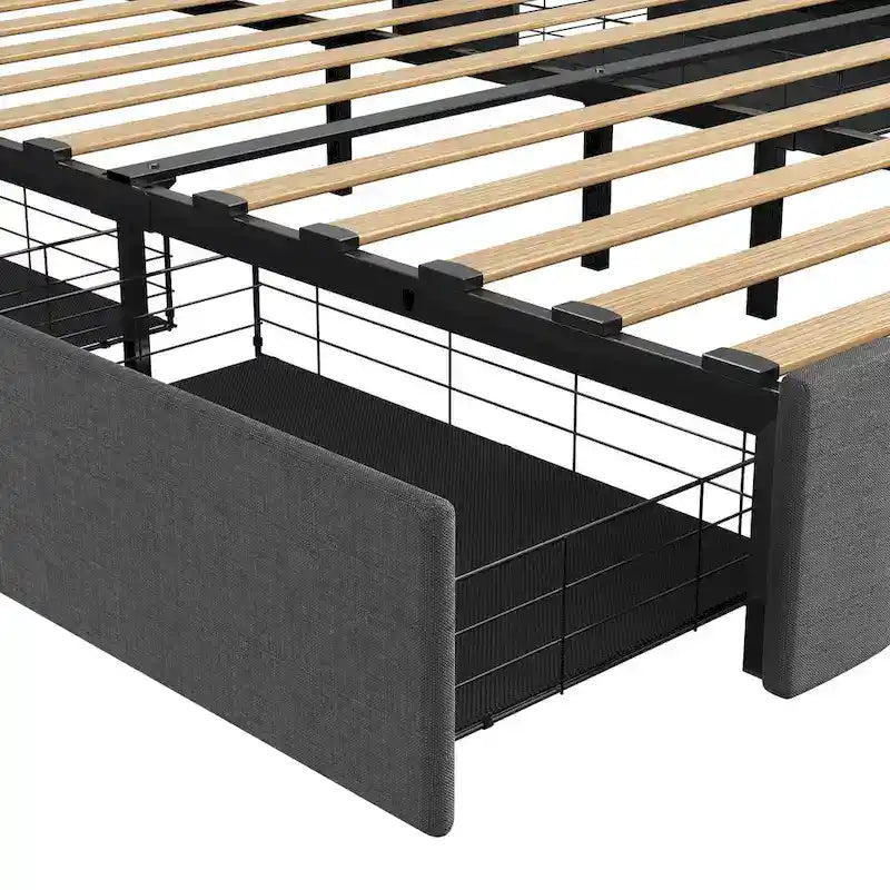 Lit Plateforme en Lin Gris Foncé / Gris Clair avec LED RGB, 4 Tiroirs et Étagères de Tête de Lit – Double / Queen
