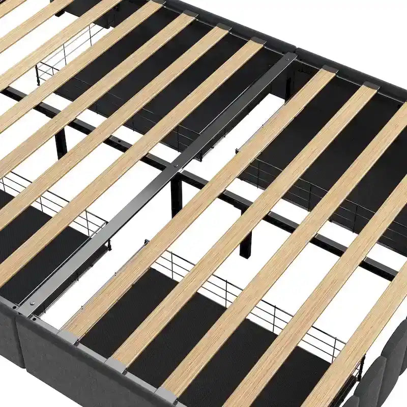 Lit Plateforme en Lin Gris Foncé / Gris Clair avec LED RGB, 4 Tiroirs et Étagères de Tête de Lit – Double / Queen