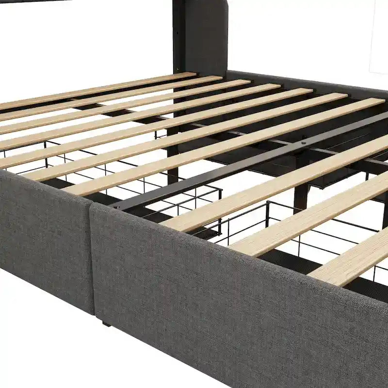 Lit Plateforme en Lin Gris Foncé / Gris Clair avec LED RGB, 4 Tiroirs et Étagères de Tête de Lit – Double / Queen