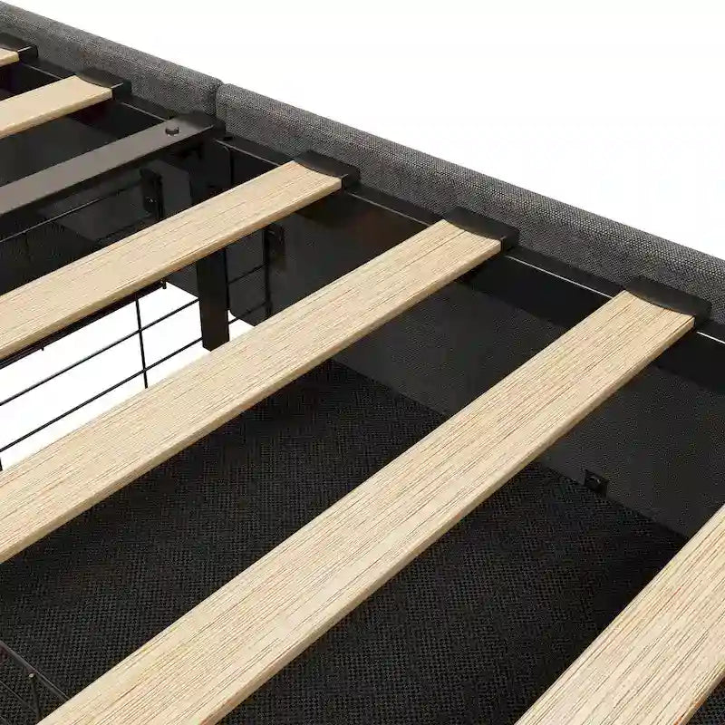 Lit Plateforme en Lin Gris Foncé / Gris Clair avec LED RGB, 4 Tiroirs et Étagères de Tête de Lit – Double / Queen