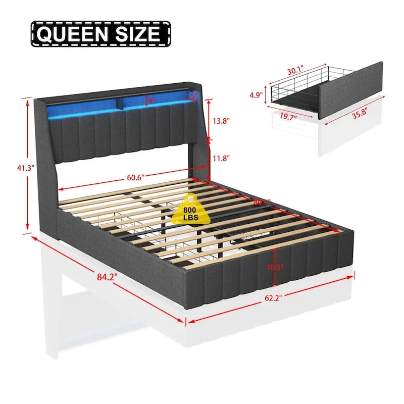 Lit Plateforme en Lin Gris Foncé / Gris Clair avec LED RGB, 4 Tiroirs et Étagères de Tête de Lit – Double / Queen