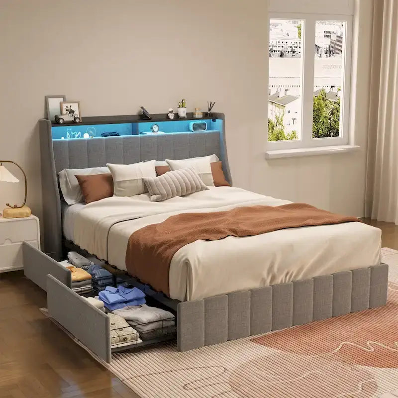Lit Plateforme en Lin Gris Foncé / Gris Clair avec LED RGB, 4 Tiroirs et Étagères de Tête de Lit – Double / Queen