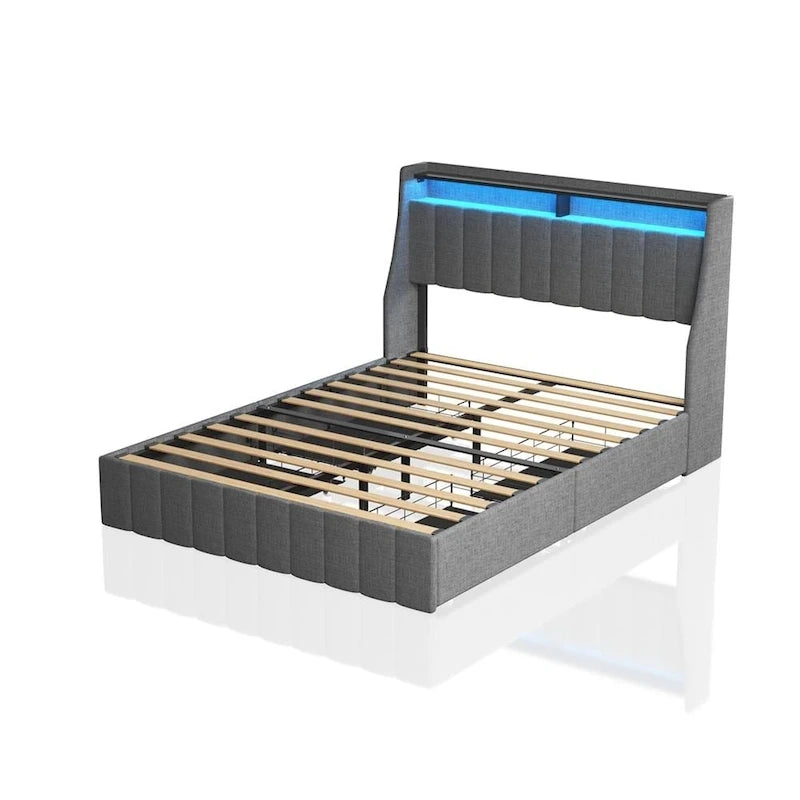 Lit Plateforme en Lin Gris Foncé / Gris Clair avec LED RGB, 4 Tiroirs et Étagères de Tête de Lit – Double / Queen