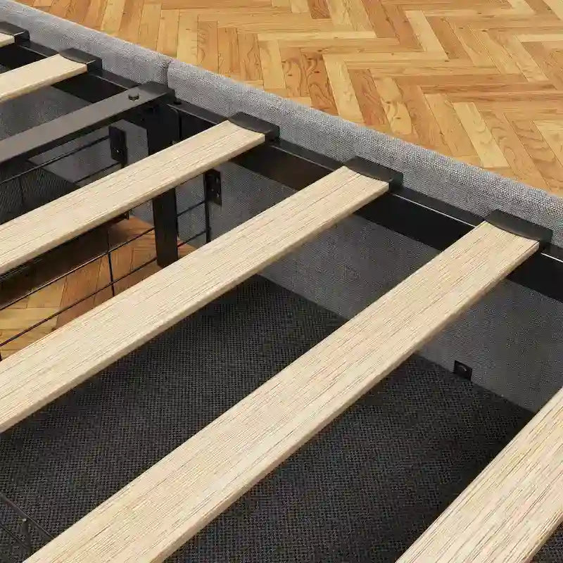 Lit Plateforme en Lin Gris Foncé / Gris Clair avec LED RGB, 4 Tiroirs et Étagères de Tête de Lit – Double / Queen