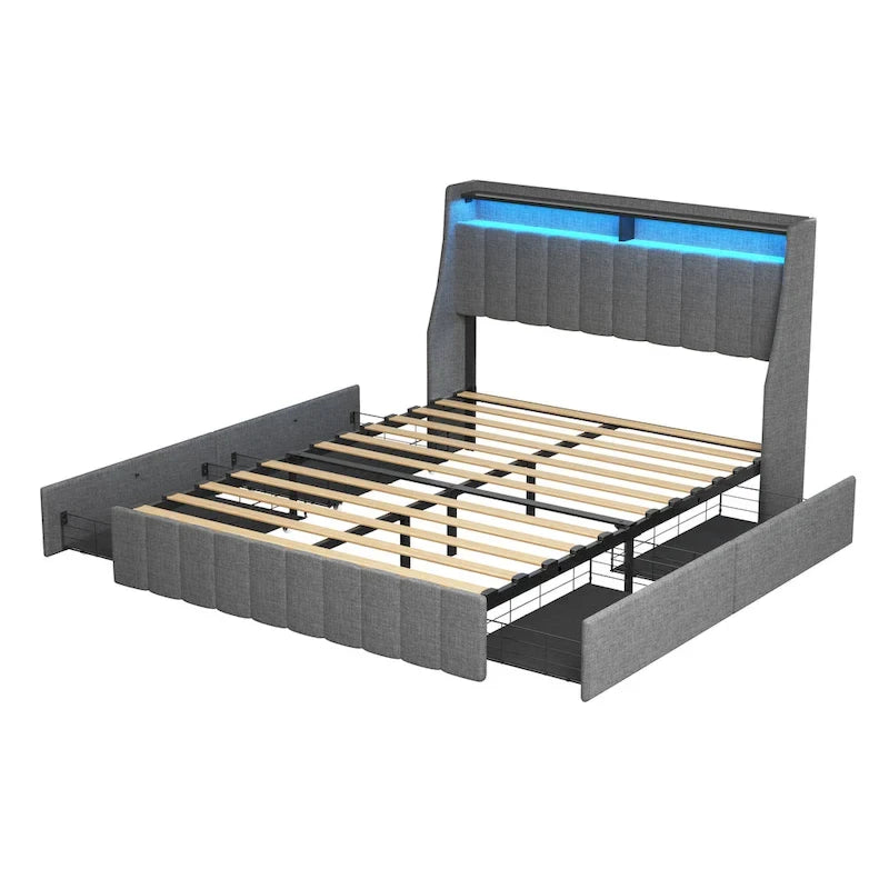 Lit Plateforme en Lin Gris Foncé / Gris Clair avec LED RGB, 4 Tiroirs et Étagères de Tête de Lit – Double / Queen