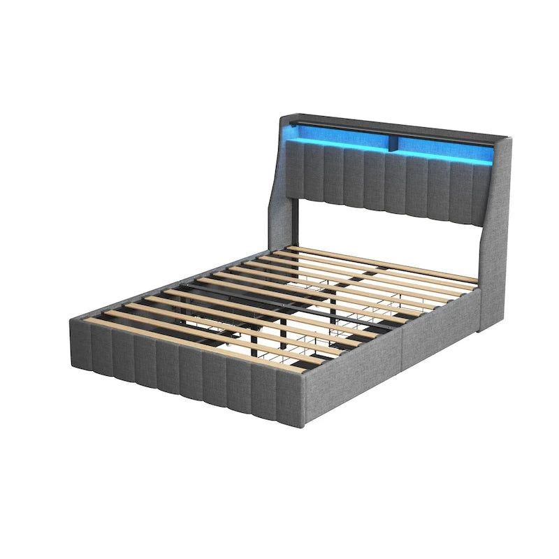 Lit Plateforme en Lin Gris Foncé / Gris Clair avec LED RGB, 4 Tiroirs et Étagères de Tête de Lit – Double / Queen