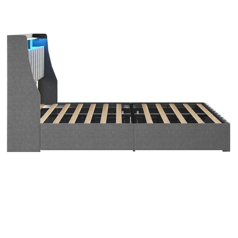 Lit Plateforme en Lin Gris Foncé / Gris Clair avec LED RGB, 4 Tiroirs et Étagères de Tête de Lit – Double / Queen