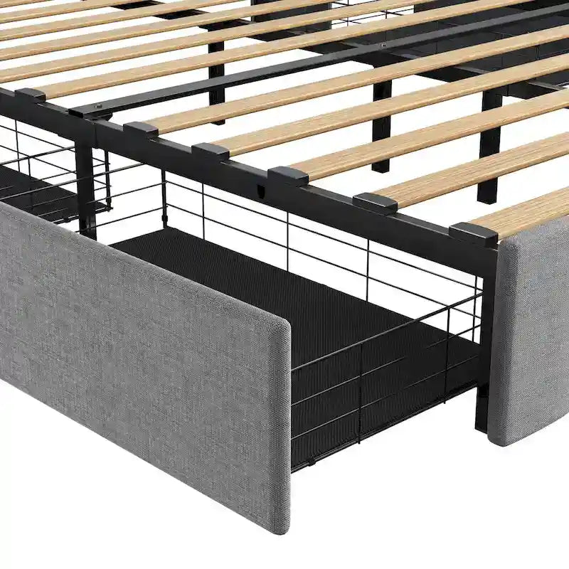 Lit Plateforme en Lin Gris Foncé / Gris Clair avec LED RGB, 4 Tiroirs et Étagères de Tête de Lit – Double / Queen