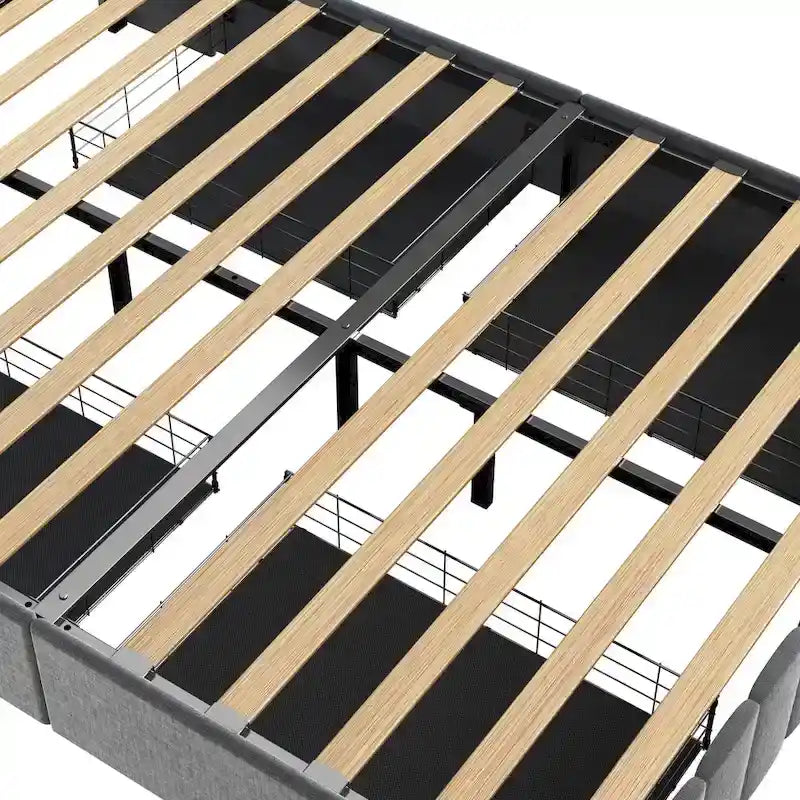 Lit Plateforme en Lin Gris Foncé / Gris Clair avec LED RGB, 4 Tiroirs et Étagères de Tête de Lit – Double / Queen