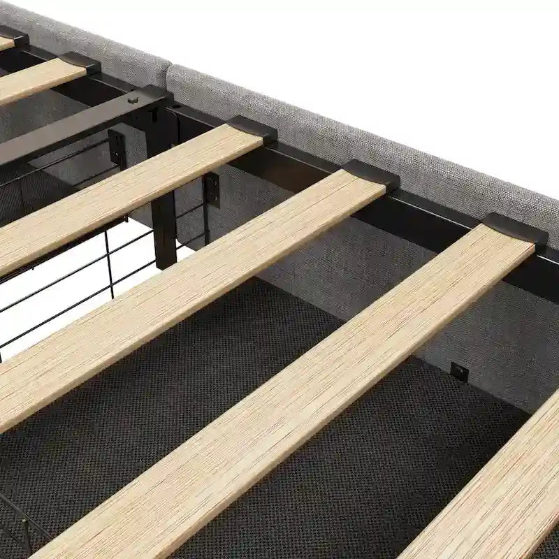 Lit Plateforme en Lin Gris Foncé / Gris Clair avec LED RGB, 4 Tiroirs et Étagères de Tête de Lit – Double / Queen