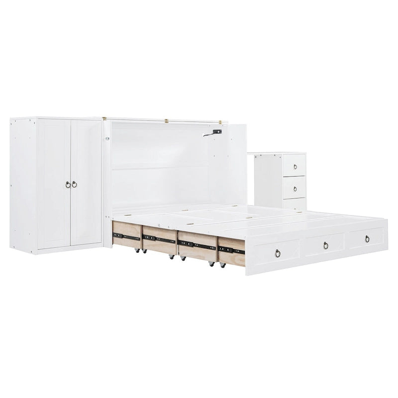 Lit escamotable Queen White avec armoire, bureau, 3 tiroirs et port de chargement USB