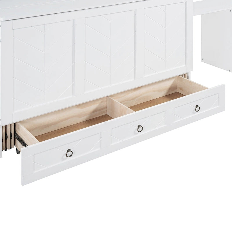 Lit escamotable Queen White avec armoire, bureau, 3 tiroirs et port de chargement USB