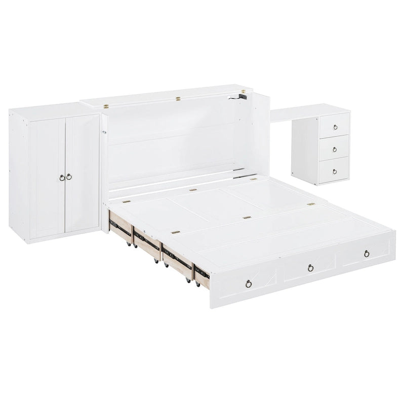 Lit escamotable Queen White avec armoire, bureau, 3 tiroirs et port de chargement USB