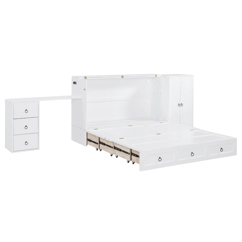 Lit escamotable Queen White avec armoire, bureau, 3 tiroirs et port de chargement USB