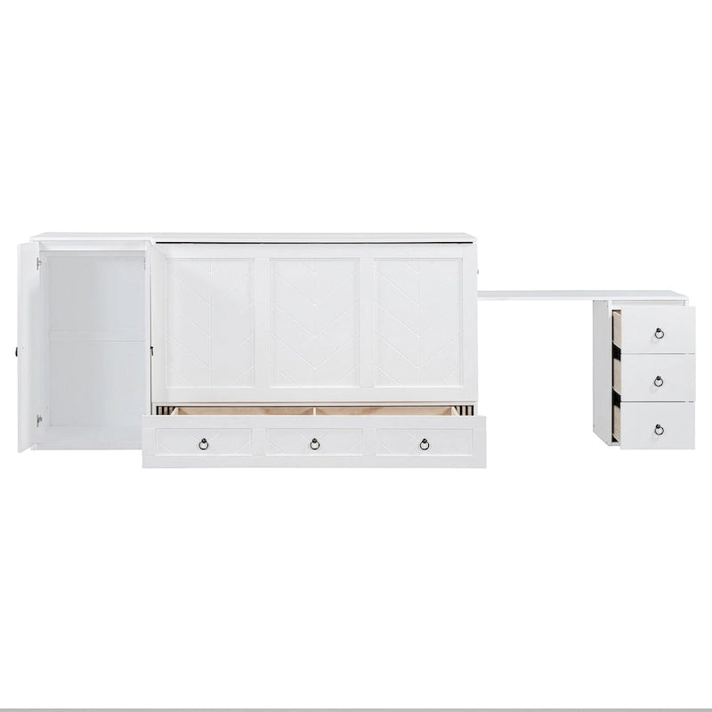 Lit escamotable Queen White avec armoire, bureau, 3 tiroirs et port de chargement USB
