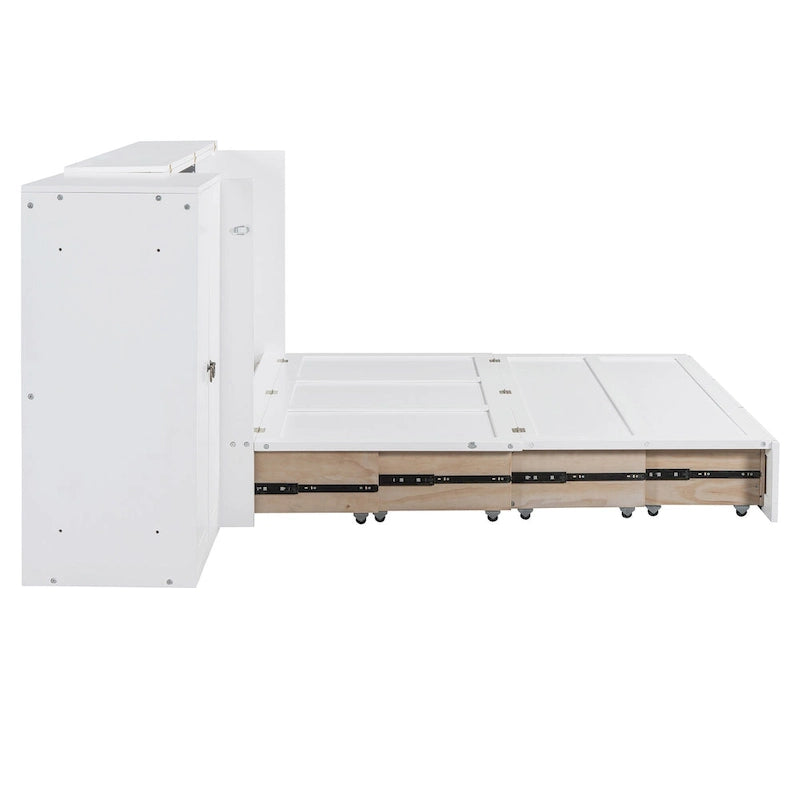 Lit escamotable Queen White avec armoire, bureau, 3 tiroirs et port de chargement USB