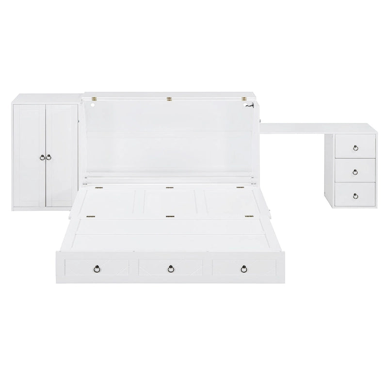Lit escamotable Queen White avec armoire, bureau, 3 tiroirs et port de chargement USB
