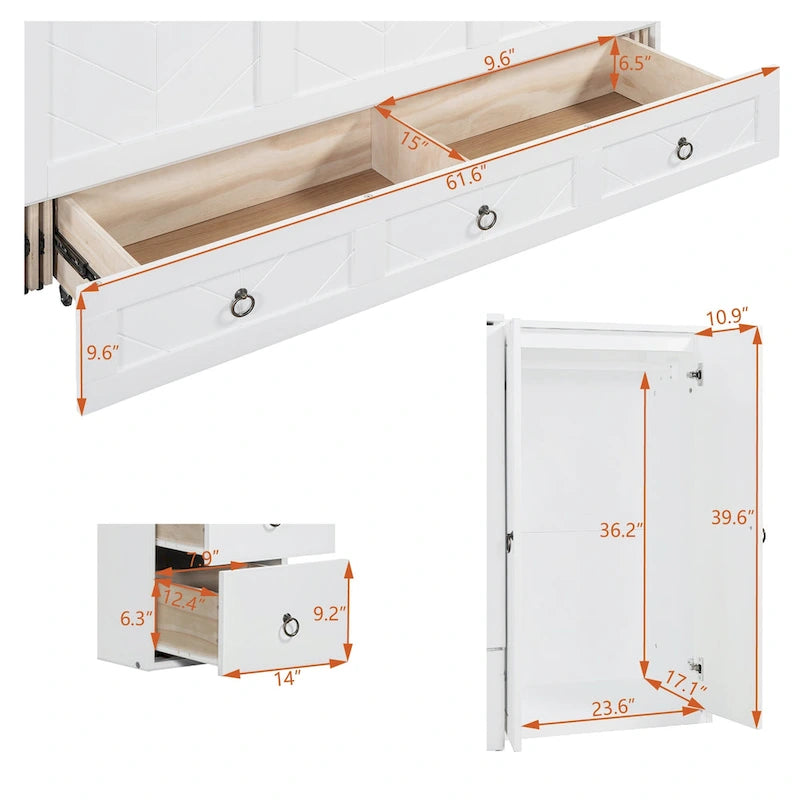 Lit escamotable Queen White avec armoire, bureau, 3 tiroirs et port de chargement USB