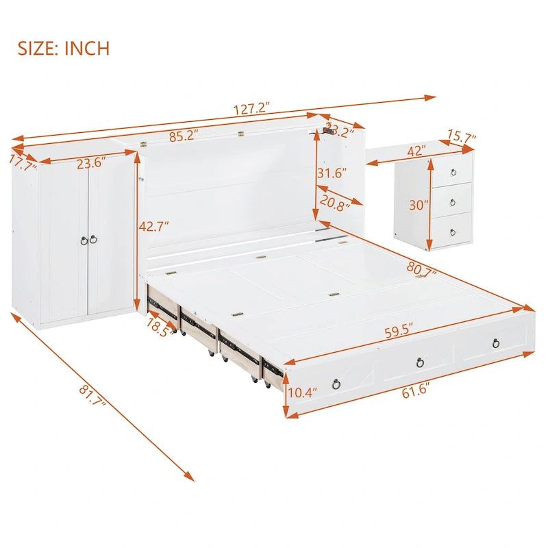 Lit escamotable Queen White avec armoire, bureau, 3 tiroirs et port de chargement USB