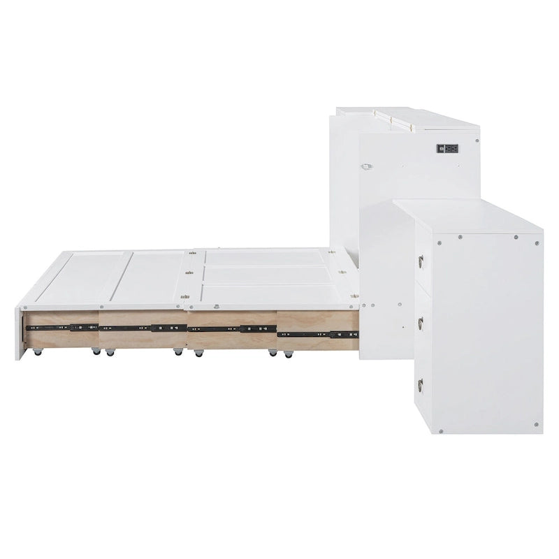 Lit escamotable Queen White avec armoire, bureau, 3 tiroirs et port de chargement USB