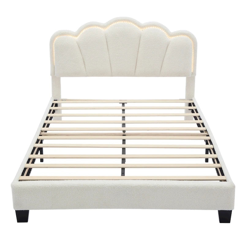 Lit plateforme capitonné en Sherpa blanc avec fleurs, lumières LED et tête de lit réglable