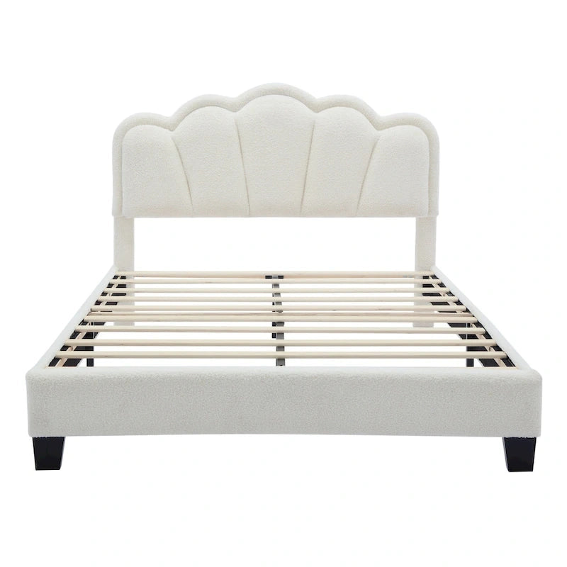 Lit plateforme capitonné en Sherpa blanc avec fleurs, lumières LED et tête de lit réglable