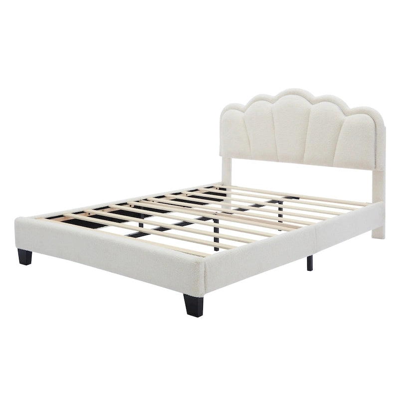 Lit plateforme capitonné en Sherpa blanc avec fleurs, lumières LED et tête de lit réglable