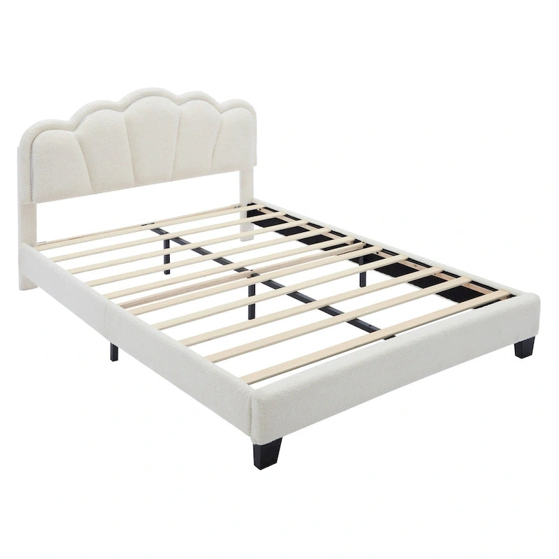 Lit plateforme capitonné en Sherpa blanc avec fleurs, lumières LED et tête de lit réglable