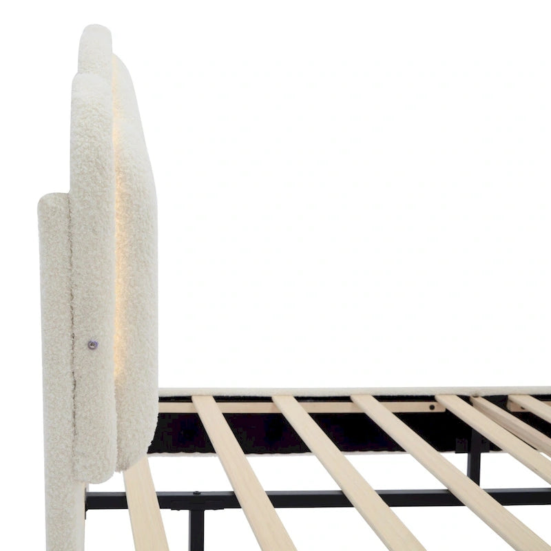 Lit plateforme capitonné en Sherpa blanc avec fleurs, lumières LED et tête de lit réglable