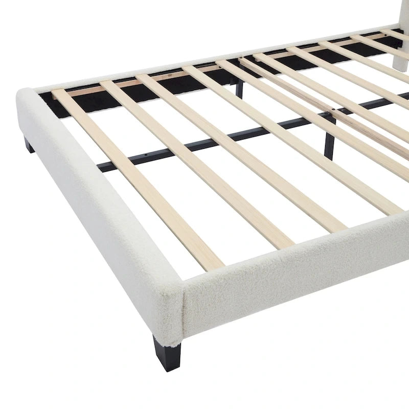 Lit plateforme capitonné en Sherpa blanc avec fleurs, lumières LED et tête de lit réglable