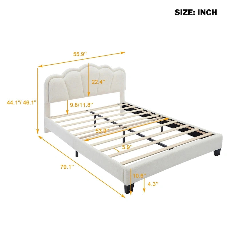 Lit plateforme capitonné en Sherpa blanc avec fleurs, lumières LED et tête de lit réglable