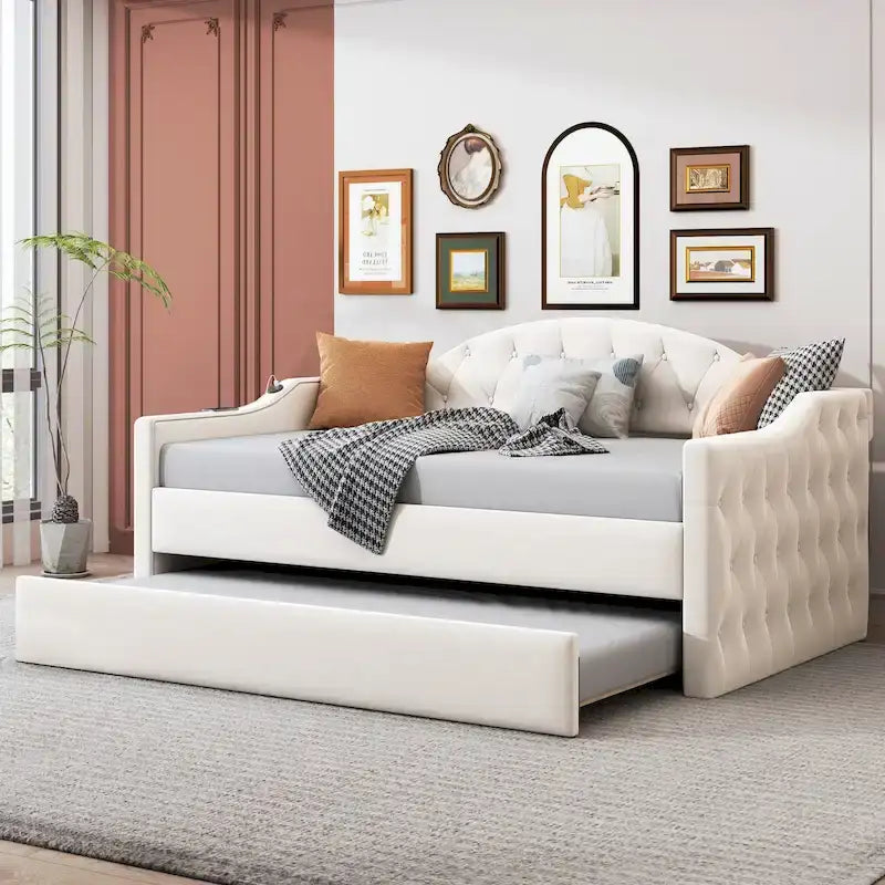 Lit de repos capitonné en velours beige double avec lit gigogne et ports de charge USB/Type-C