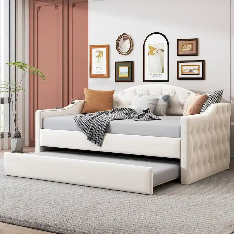 Beige Twin Size Tufted Velvet Upholstered Daybed with Trundle and Type-C Charging Ports
