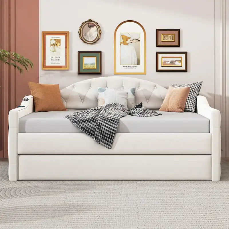 Lit de repos capitonné en velours beige double avec lit gigogne et ports de charge USB/Type-C
