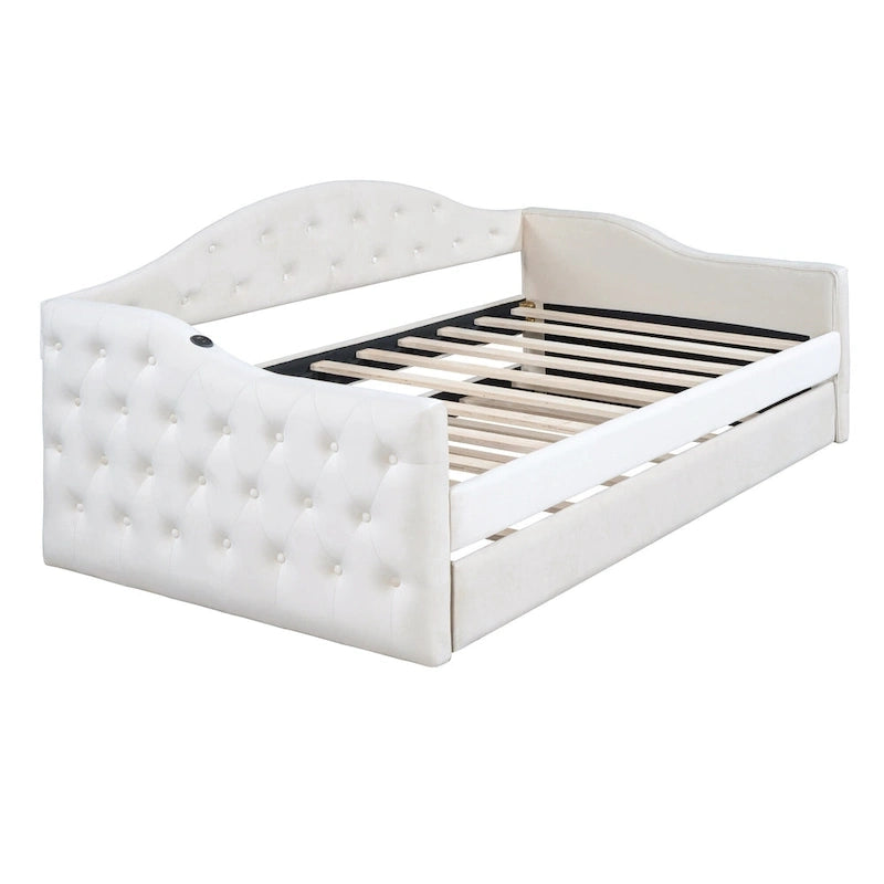 Lit de repos capitonné en velours beige double avec lit gigogne et ports de charge USB/Type-C
