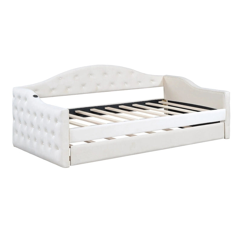Lit de repos capitonné en velours beige double avec lit gigogne et ports de charge USB/Type-C