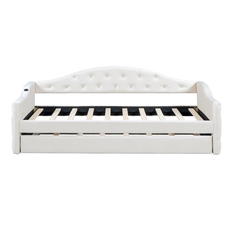 Lit de repos capitonné en velours beige double avec lit gigogne et ports de charge USB/Type-C
