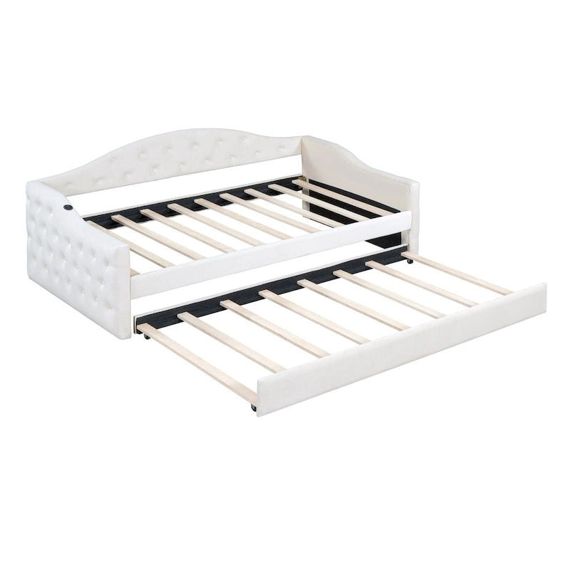 Lit de repos capitonné en velours beige double avec lit gigogne et ports de charge USB/Type-C